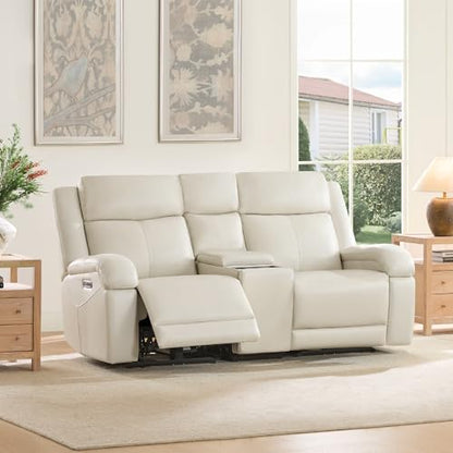 Watson & Whitely Genuine Leather Power Recliner Sofa & Loveseat Set, Cream | Wall Hugger Reclining Sofas, Power Headrest, Center Storage Console, Charging Ports, Cup Holders, Living Room Furniture Set - color: Cream, style: Loveseat+3 Seater Sofa