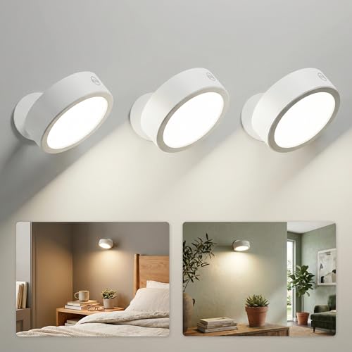 EZVALO LED Wall Mounted Light, 3000mAh Rechargeable Cordless Wall Sconce, Dimmable with Remote & Touch Control, 3 Color Temps, 360° Rotatable for Bedroom, Bedside, Reading(White, 3Pack) - color: White