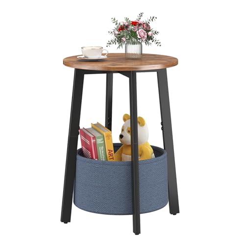 sthmec Small Round Side End Table with Storage Basket, Round Bedside Sofa Couch Coffee Tables for Small Places with Metal Frame, Modern Nighstands for Living Room Bedroom, Rustic Brown - color: Rustic Brown