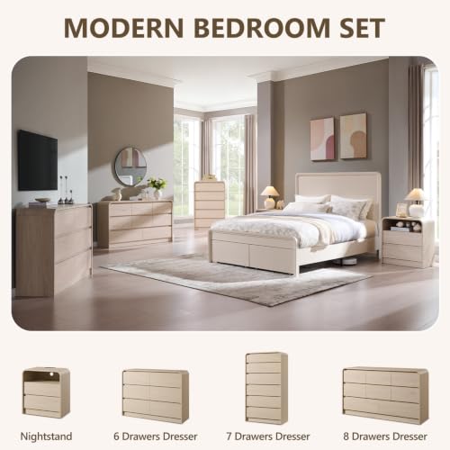 Aitjunz 25" Tall Modern Nightstand with Charging Station, 2 Drawers, Cream | 23.6'' Wide Wood Bedside Table with Curved Profile Design, Large Mid Century End Table for Living Room - color: Cream, size: 1 Piece