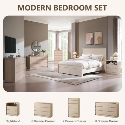 Aitjunz 25" Tall Modern Nightstand with Charging Station, 2 Drawers, Cream | 23.6'' Wide Wood Bedside Table with Curved Profile Design, Large Mid Century End Table for Living Room - color: Cream, size: 1 Piece