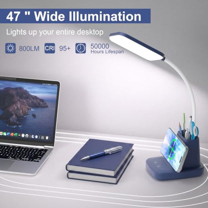 LED Desk Lamp with 10W Wireless Charging & Pen Holder, Navy Blue | CRI 95, 800LM, Stepless Dimming, 3 Modes, 360°Flexible Arm, Touch, Study Table Lamp for Home Office, Dorm Room, with Adapter - color: Navy Blue