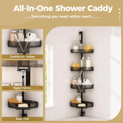Corner Shower Caddy, Adjustable 4-Tier Rustproof Bathroom Organizer Shelves, 45-75 Inch No-Drill Quick Installation Bathtub Corner Shelf