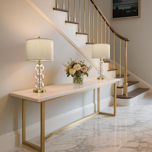 25" Glass Table Lamps Set of 2, Gold Modern Table Lamps with USB Ports for Living Room, Linen Shade Bedside Lamps for Bedroom, Nightstand, Side Table (Bulbs not Included) - color: Gold
