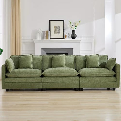 111'' Sectional Cloud Deep Seat Couch, Modern Comfy Chenille Modular Sectional Sofa for Living Room Set, Upholstered Modular 3-Seats Sofa Couch, Green - color: Green, size: 111'' 3 Seats