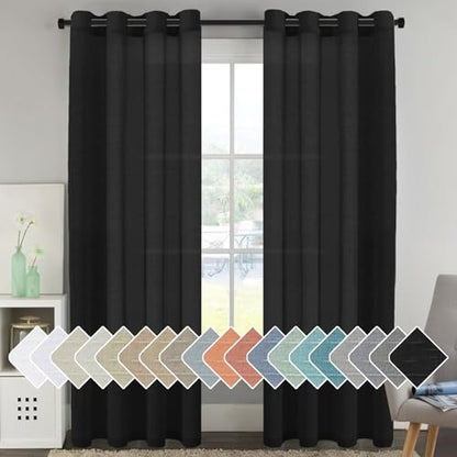 H.VERSAILTEX Linen Curtains Natural Blended Curtain Panels for Living Room/Light Reducing Linen Semi Sheer Curtains 96 inch Length 2 Panels Set Nickel Grommet Window Panels, 52" x 96", Black - color: Black, size: 52"W x 96"L (Pack of 2)
