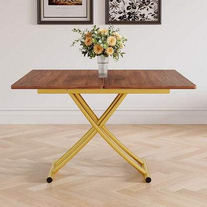 Adjustable Height Coffee Table, Folding Dining Table, Walnut&Gold | Convertible lift top table for use as a coffee table, dining table, home office desk or vanity - color: Walnut & Gold Legs