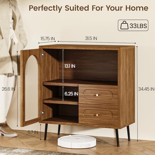 Wood Sideboard Cabinet - Slim Side Board Buffet Cabinet with Storage, Small Accent Credenza with Drawers and Door, Modern Coffee Bar Table for Kitchen, Dining Room, Entryway, Living Room - color: Walnut