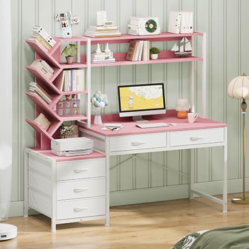 52" Computer Desk with Bookshelf, 5 Drawers ＆ Hutch for Bedroom | Pink Office Desk with Printer Shelf, Study Writing Desk with Storage Shelves - color: Pink