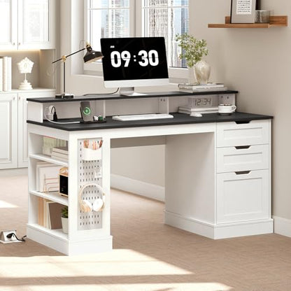 55-Inch Farmhouse Executive Desk with 2 Drawers and File Cabinet, Computer Desk with 3-Tier Storage Shelves, Home Office Desk with Charging Station, Pegboard and Monitor Shelf, White and Black - color: White and Black