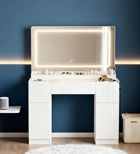 Vanity Desk with Large Mirror and Lights, Modern Glass Top Makeup Vanity Set with Power Outlet, 3 Drawers and 2 Cabinet, 3 Lighting Color Adjustable Dressing Table for Bedroom,Pure White - style: Glass Top Vanity with RGB Drawers