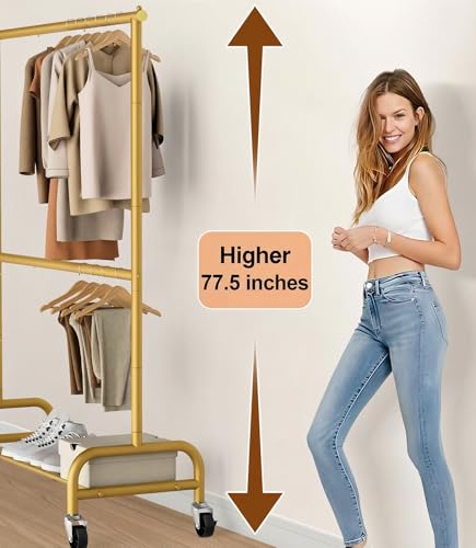 MISSLO Gold Clothing Racks for Hanging Clothes Heavy Duty Clothes Rack Double Garment Rack Metal Rolling Coat Rack Closet Wardrobe Rack on Wheels - color: Gold