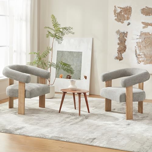 VKNOW Barrel Accent Chairs Set of 2 with Armrests and Rubberwood Legs | Mid Century Modern Upholstered Living Room Chairs with Open Back, Chenille Fabric, for Living Room, Bedroom, Light Gray - color: Light Gray, size: Set of 2