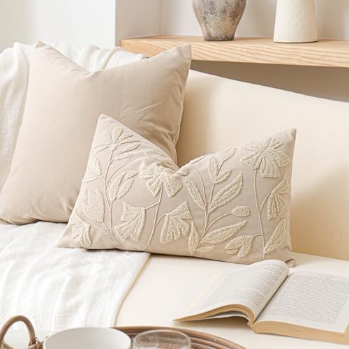 Decorative Lumbar Pillow Cover 12x20, Beige Neutral Accent Velvet Throw Pillowcase for Couch Sofa Living Room, Floral Tufted Rectangular Cushion, Cover Only - color: Beige Cream, size: 20" x 12" (Pack of 1)