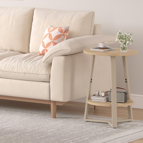 sthmec Small Round End Table, 2 Tier Side Table with Storage Shlef,Coffee Table Wooden Tabletop & Metal Frame,Round Accent Table Small Nightstands Couch Tables for Bedroom,Livingroom, Natural - color: Natural