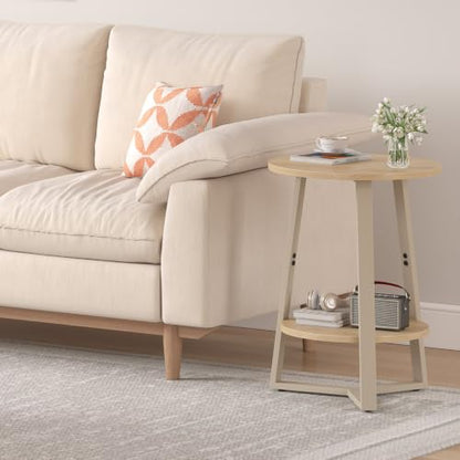 sthmec Small Round End Table, 2 Tier Side Table with Storage Shlef,Coffee Table Wooden Tabletop & Metal Frame,Round Accent Table Small Nightstands Couch Tables for Bedroom,Livingroom, Natural - color: Natural