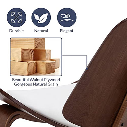 Belleze Mid-Century Modern Shell Side Accent Tripod Plywood Lounge Chair Walnut Upholstered Faux Leather, White - color: White, size: 1 Chair