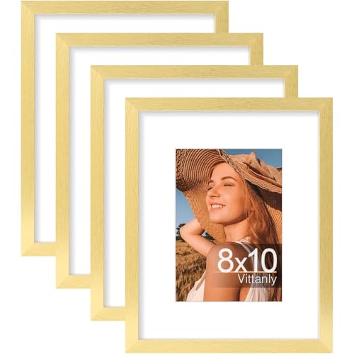 Vittanly 8x10 Picture Frames Set of 4, for Wall or Tabletop Display, Gold | Display Pictures 5x7 with Mat or 8x10 without Mat, Engineered Wood with Shatter Resistant Plexiglass, Wall Gallery Frames - color: Gold, size: 8x10