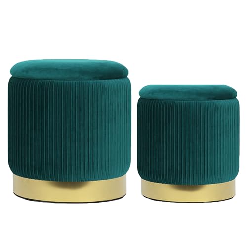 YYW HOME Round Ottoman with Storage Set of 2 Green Velvet Vanity Stool | Removable Lid, Gold and Green Ottoman,Hidden Storage Stool, Small Coffee Table for Living Room,Nest Packing, Assembly Free - color: Green