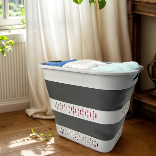 SAMMART 40L (10.5 Gallon) Collapsible Plastic Laundry Basket - Foldable Pop Up Storage Container/Organizer - Portable Laundry Hamper - Space Saving (1, Grey) - color: Grey