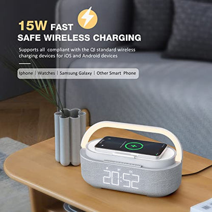 Bluetooth Speaker Alarm Clock & Wireless Charger for Bedside, Home, Office | FM Radio, Adjustable LED Night Light, 6 in 1 Bedroom Portable Speaker 2500mAh, Phone Stand - color: Gray