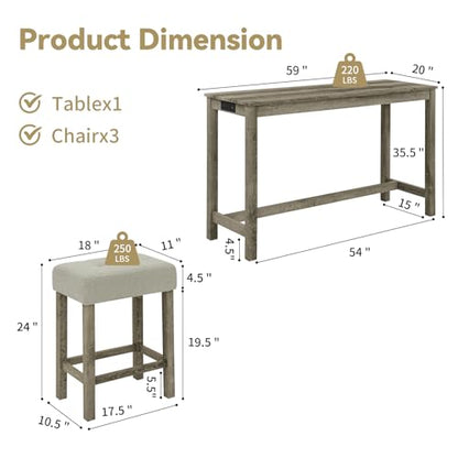 59" Industrial 4 Piece Bar Table Set with Built-in Power Outlet, Behind Couch Sofa Table with 3 Linen Upholstered Stools, Bar Table and Chairs Set for Living Room, Dining Room, Lounge, Brown - color: R2-brown