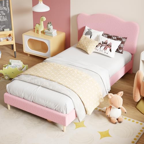 Garvee Upholstered Full Size Bed Frame for Kids with Scallop Headboard, Cute Velvet Full Bed for Girls, Boys, Sturdy Platform Bed, No Box Spring Needed, Wooden Slats, Noise Free, Pink - color: Pink, size: Full