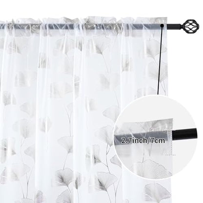 Silver Foil Print Sheer Curtains 84 inches Long, 2 Panels Ginkgo Bronzing Treatment Sheer Curtain, Rod Pocket Window Treatment Panels for Bedroom Living Room - color: Ginkgo/Silver/White, size: 52"W x 84"L (Pack of 2)