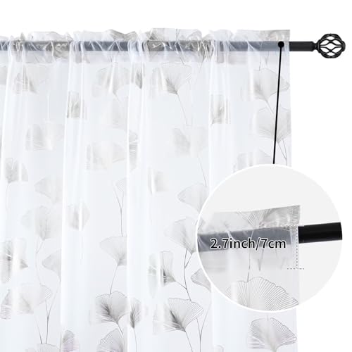 Silver Foil Print Sheer Curtains 63 inches Long, 2 Panels Ginkgo Bronzing Treatment Sheer Curtain, Rod Pocket Window Treatment Panels for Bedroom Living Room - color: Ginkgo/Silver/White, size: 52"W x 63"L (Pack of 2)