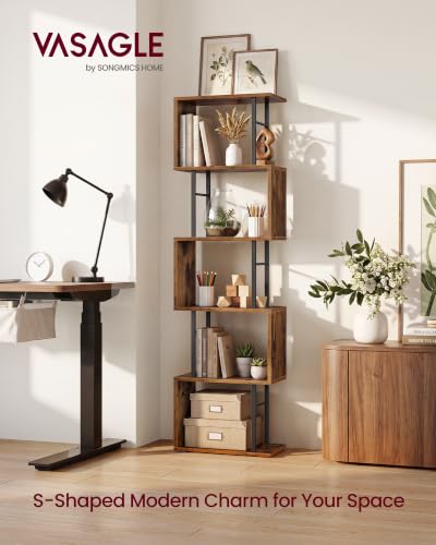 VASAGLE 6-Tier Bookshelf, S-Shaped Wood and Metal Bookcase, Tall Narrow Display Shelf, 15 x 9.4 x 61.9 in, for Living Room Storage, Rustic Brown and Matte Black, Barnet Collection ULLS172KD01 - color: Rustic Brown, style: 6-Tier (15"W)