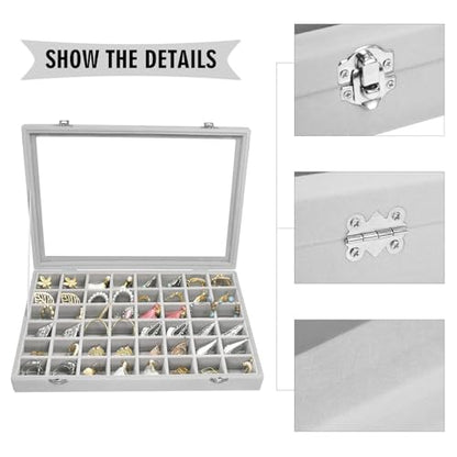 Siveit Velvet Jewelry Tray 48 Grid Jewelry Display Tray Organizer Box with Transparent Lid Rings Earrings Necklaces Pendants Display Box Suitable for Women and Girls (Grey) - color: Grey