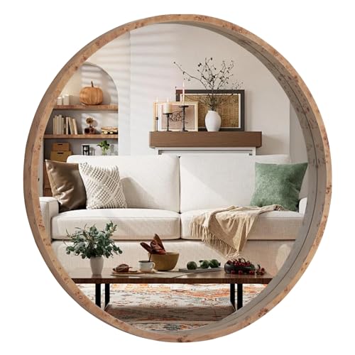 32 Inch Round Wood Mirror, Burlwood Grain Wood Frame Circle Mirror, Versatile Wall Decor for Bathroom Vanity, Living Room, Bedroom and Entryway, Natural - size: 32"L x 32"W