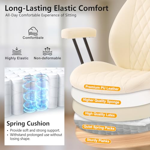 YFO Home Office Desk Chair Office Rubber Casters Ergonomic Computer Chair with Lumbar Support Adjustable Height Rolling Swivel Executive Task Armrests Chair， Cream Leather - color: Cream, size: Mid Back