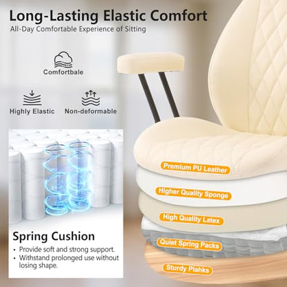 YFO Home Office Desk Chair Office Rubber Casters Ergonomic Computer Chair with Lumbar Support Adjustable Height Rolling Swivel Executive Task Armrests Chair， Cream Leather - color: Cream, size: Mid Back