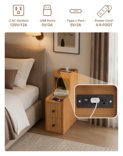 Narrow Nightstand Set of 2 with Charging Station for Small Bedroom | Open Shelf and 2 Drawers, For Small Space, Living Room, Bedroom or Sofa Side Use, Wood Grain Look, Raised Tray Top
