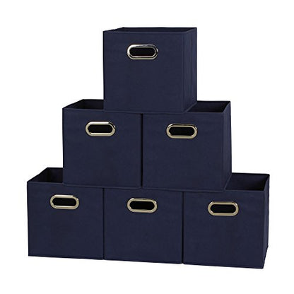 Household Essentials Fabric Storage Bins 6 Piece Set, Strong Poly-Woven Fabric, Sturdy Chipboard Sides, Grommet Front Handle, Stackable and Foldable, Classic Design, Navy - color: Navy, size: 11” L x 11” W x 11” H