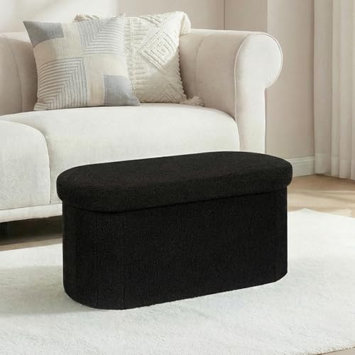 30 Inches Oval Ottoman with Storage, Boucle Sherpa Storage Ottoman Bench, Folding Foot Rest Chest for Bedroom Living Room - color: Black, size: 30.1"D x 15"W x 15"H