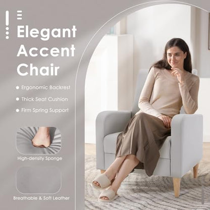 COLAMY Mid-Century Modern Accent Chairs Set of 2, Faux Leather Upholstered Living Room Chairs with Back Pillow & Solid Wood Legs, Comfy Armchair for Living Room, Bedroom, Single Sofa, Light Grey - color: Light Grey, size: Set of 2