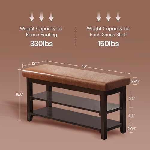 40" Entryway Bench, Shoe Storage Bench, Light Brown | Leather Cushion, Shoe Rack, End of Bed Bench for Front Door Entrance, Mudroom - color: Light Brown