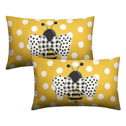 Lumbar Pillows Covers 12x20 Set of 2 Spring Summer Farmhouse Decorative Bumble Bee Polka Dots Throw Pillow Cover Yellow Honey Bee Rectangle Waist Cushion Case for Outdoor Couch Patio - color: Bee Pillow Covers - A11-10, size: 20" x 12" (Pack of 2)