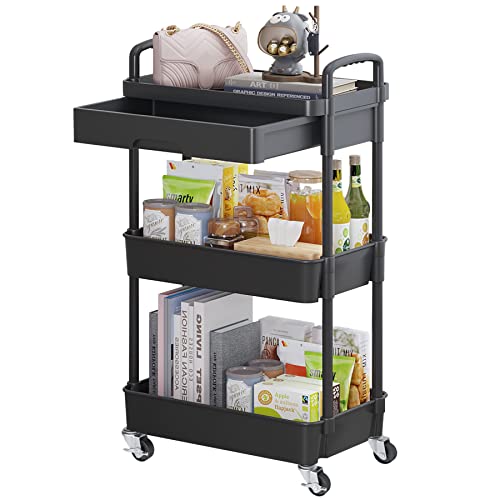 Calmootey 3-Tier Rolling Utility Cart with Drawer,Multifunctional Storage Organizer with Plastic Shelf & Metal Wheels,Storage Cart for Kitchen,Bathroom,Living Room,Office,Black | Space-Saving Organizer, Sturdy Plastic Shelves, Smooth-Rolling Metal Wheels,