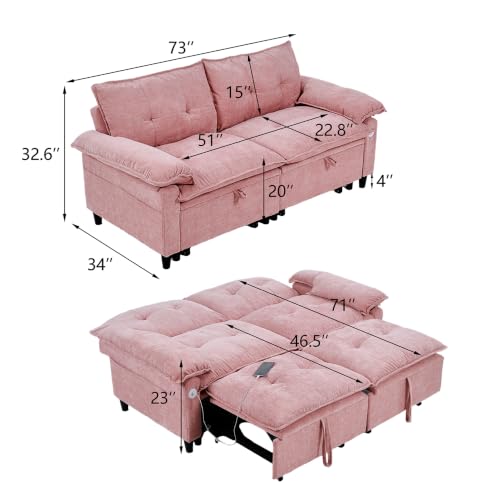 73" Plush Velvet Convertible Loveseat Sleeper Sofa Bed, Loveseat Convertible with Hidden Mattress, Sofa Bed Couch Simple Assembly for Small Apartment and Guest Space, Pink - color: Pink