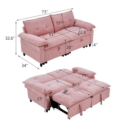 73" Plush Velvet Convertible Loveseat Sleeper Sofa Bed, Loveseat Convertible with Hidden Mattress, Sofa Bed Couch Simple Assembly for Small Apartment and Guest Space, Pink - color: Pink