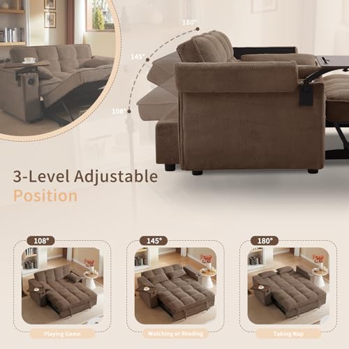 65'' 3-in-1 Folding Convertible Sofa Bed, Queen Size Pullout Sofa, Modern Chenille Fabric, 360° Swivel Side Table, Easy Assembly, Perfect for Living Room - color: Brown-a