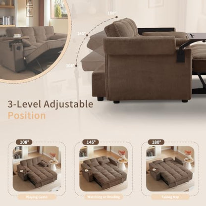 65'' 3-in-1 Folding Convertible Sofa Bed, Queen Size Pullout Sofa, Modern Chenille Fabric, 360° Swivel Side Table, Easy Assembly, Perfect for Living Room - color: Brown-a
