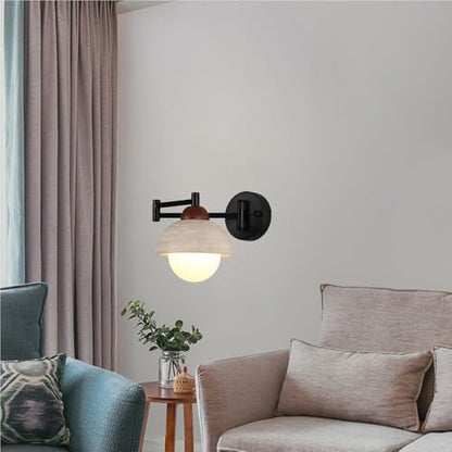 Matte Black Swing Arm Wall Sconce, Adjustable E26 Hardwired Vanity Light, Modern Travertine Lamp for Bedroom Bedside, Bathroom, Living Room