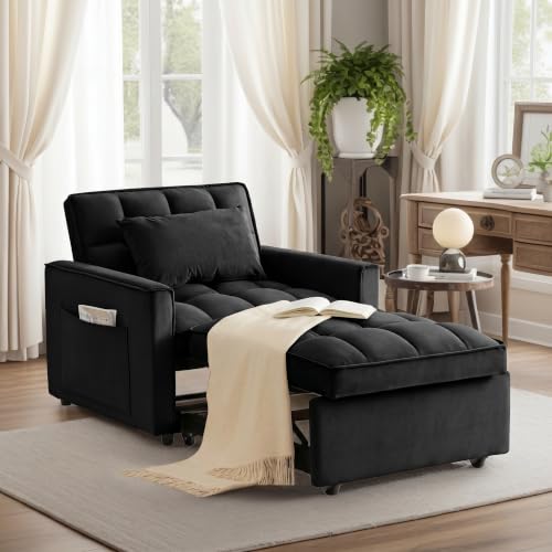 Sleeper Chair with Pull Out Bed, 3 In1 Convertible Couch Bed, Black | Adjustable Backrest,Soft Cushioning,Handy Side Pocket - color: D-black-g4