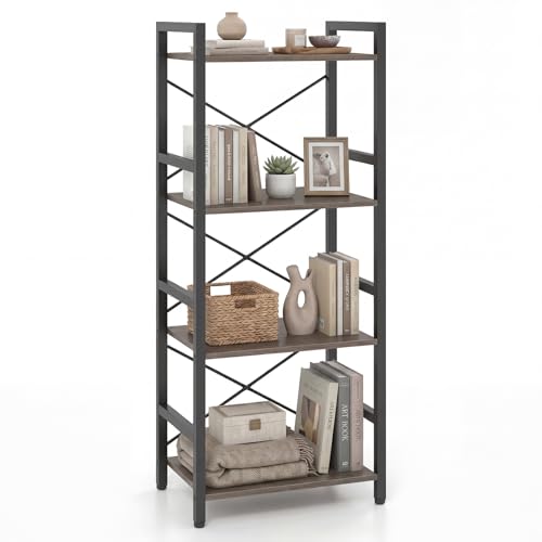 Tangkula 3-Tier Industrial Bookshelf, 16.5" Width Wooden Open Bookcase with Metal Frame, Freestanding Display Shelf Storage Organizer for Home Office, Living Room (1, Grey, 16.5” x 11” x 40”) - color: Grey, size: 16.5” x 11” x 40”