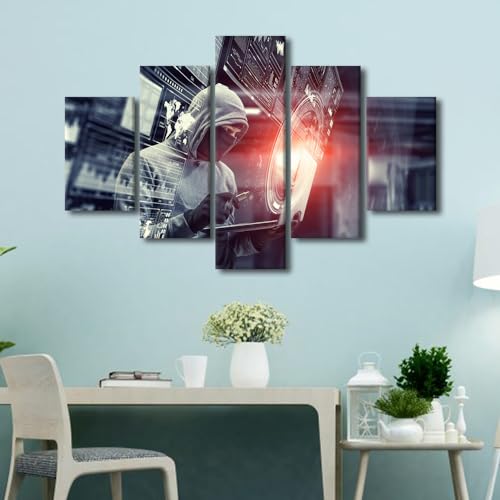 Privacy Crime Wall Art Network Security Bathroom Decor Wall Art 5 Pieces Hacker Holding Laptop Wall Decor Artwork for Home Walls Stretched and Framed Canvas Wall Art Ready to Hang (60"Wx40"H) - color: Artwork-05, size: 60"Wx40"H