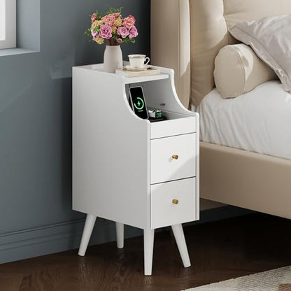WLIVE Small Nightstand with Drawers, Narrow Bedside Tables with Open Shelf & Cable Hole, Narrow Nightstand for Bedroom, Modern Storage Cabinet for Small Spaces/Living Room, White - color: White